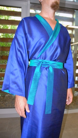 Unique turnable kimono, aqua- and sepiablue